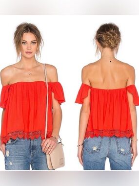 Lovers + Friends Off-Shoulder Red Lace-Trim Crop Top